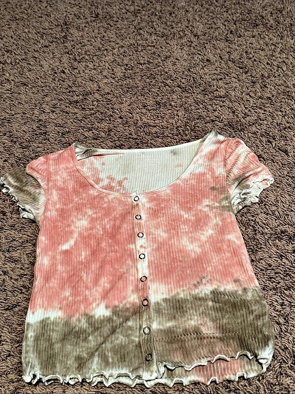 American Eagle Soft & Sexy Rib Button Front T-Shirt Tie-Dye Pink & Green XS